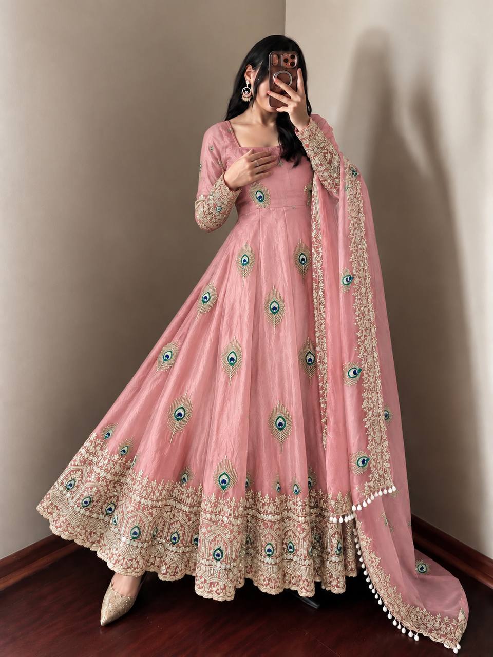 Baby Pink Fendy Silk Peacock Motif Embroidered Anarkali Gown With Dupatta