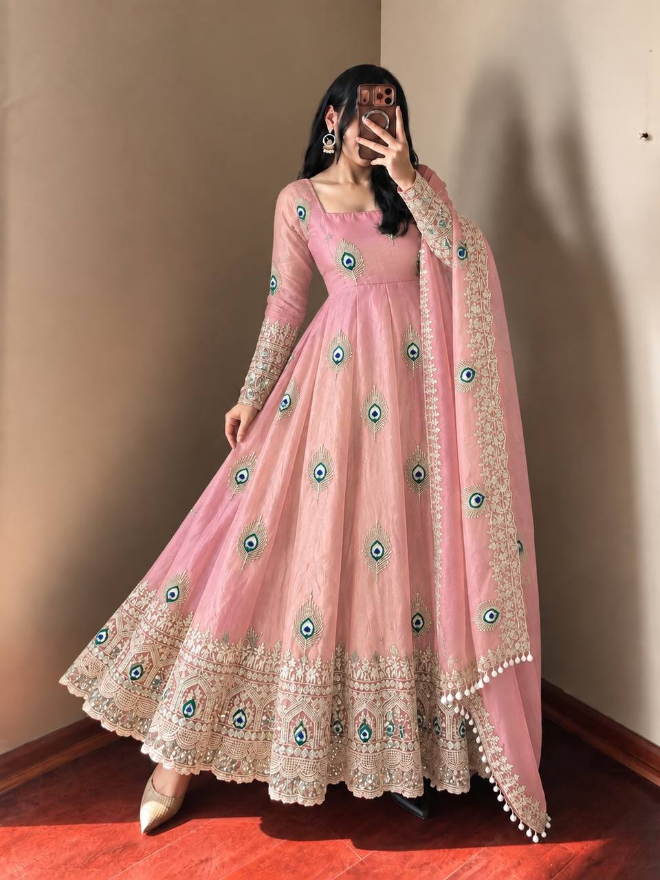 Baby Pink Fendy Silk Peacock Motif Embroidered Anarkali Gown With Dupatta