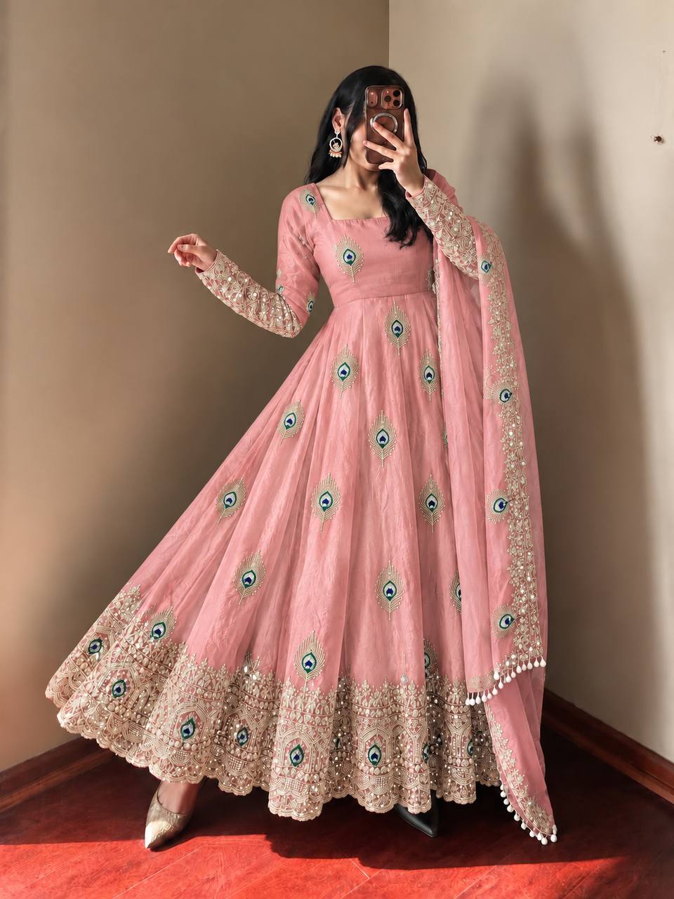 Baby Pink Fendy Silk Peacock Motif Embroidered Anarkali Gown With Dupatta