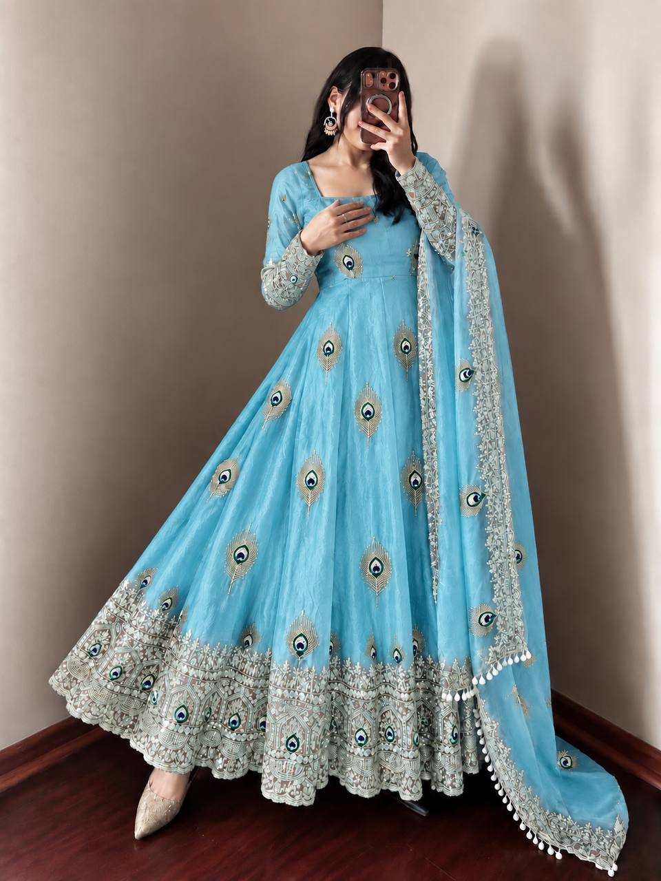 Sky Blue Fendy Silk Peacock Motif Embroidered Anarkali Gown With Dupatta
