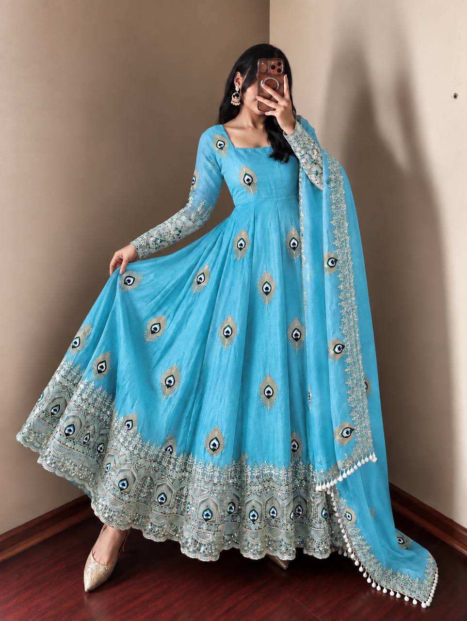 Sky Blue Fendy Silk Peacock Motif Embroidered Anarkali Gown With Dupatta