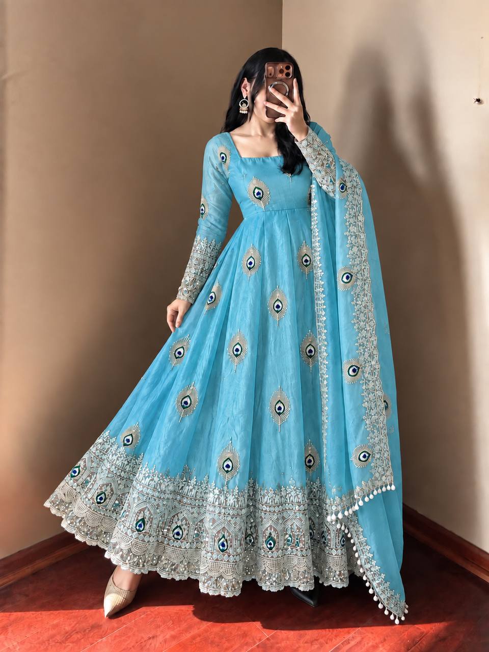 Sky Blue Fendy Silk Peacock Motif Embroidered Anarkali Gown With Dupatta