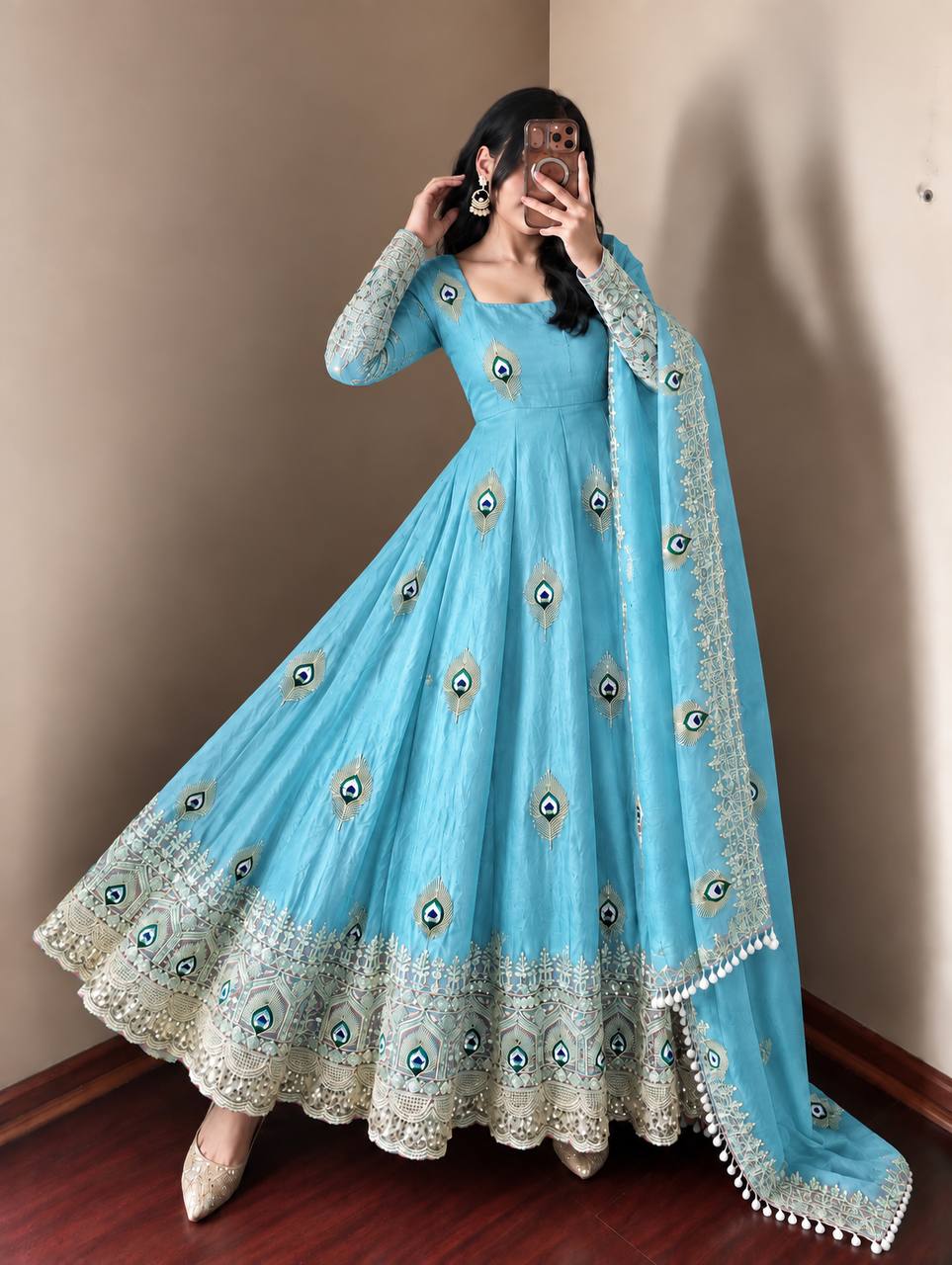 Sky Blue Fendy Silk Peacock Motif Embroidered Anarkali Gown With Dupatta