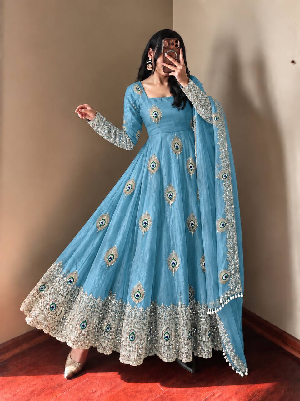 Sky Blue Fendy Silk Peacock Motif Embroidered Anarkali Gown With Dupatta