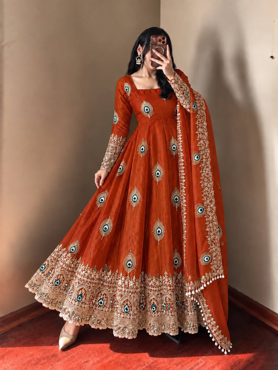 Rust Orange Fendy Silk  Embroidered Anarkali Gown With Dupatta