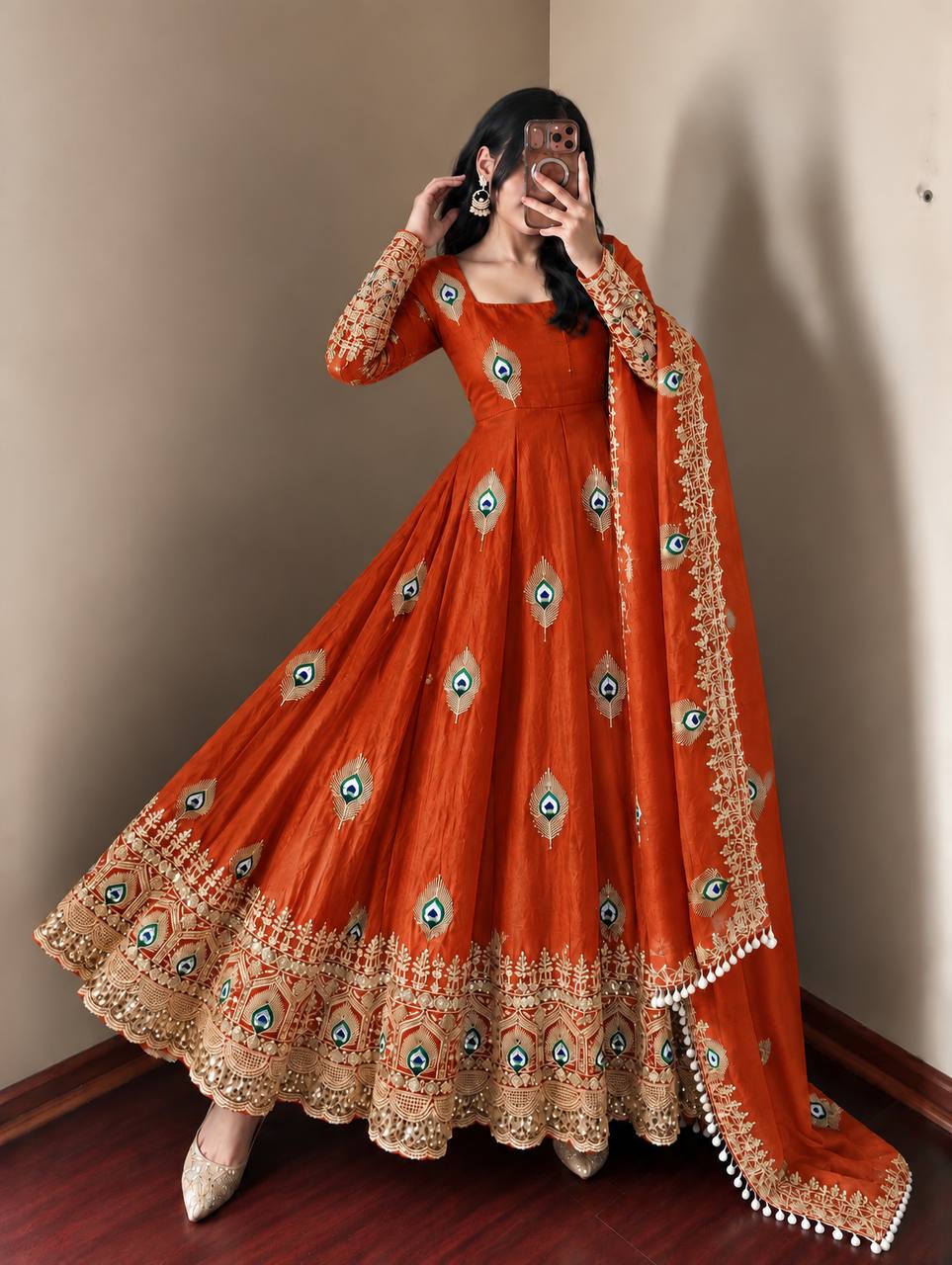 Rust Orange Fendy Silk  Embroidered Anarkali Gown With Dupatta