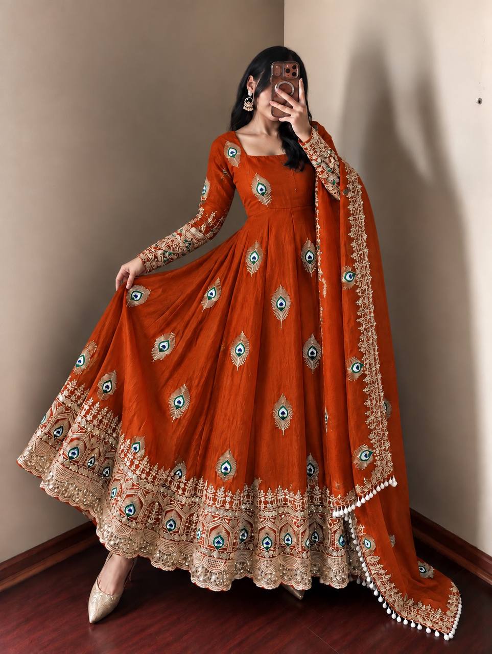 Rust Orange Fendy Silk  Embroidered Anarkali Gown With Dupatta