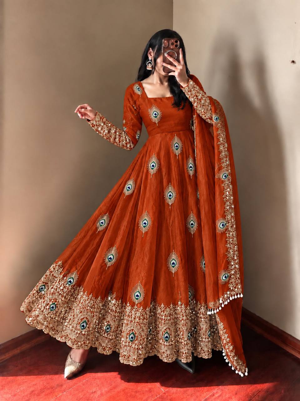 Rust Orange Fendy Silk  Embroidered Anarkali Gown With Dupatta