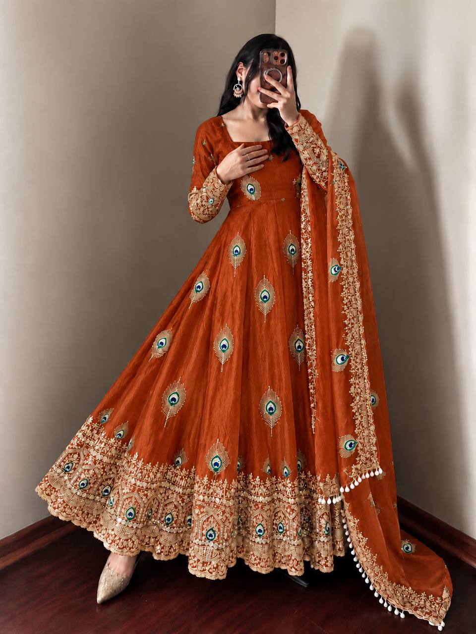 Rust Orange Fendy Silk  Embroidered Anarkali Gown With Dupatta