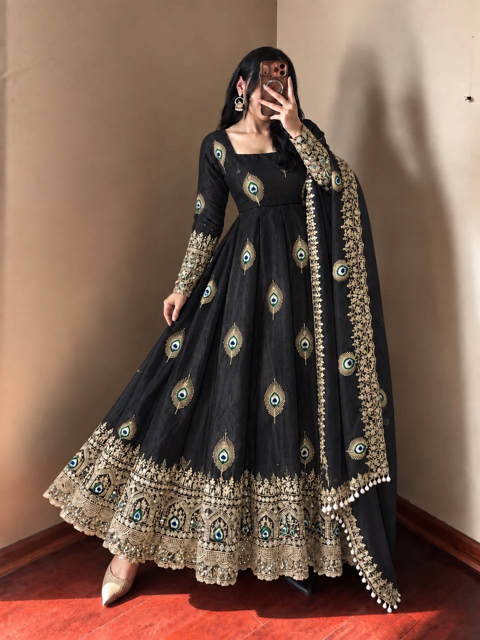 Black Fendy Silk  Embroidered Anarkali Gown With Dupatta