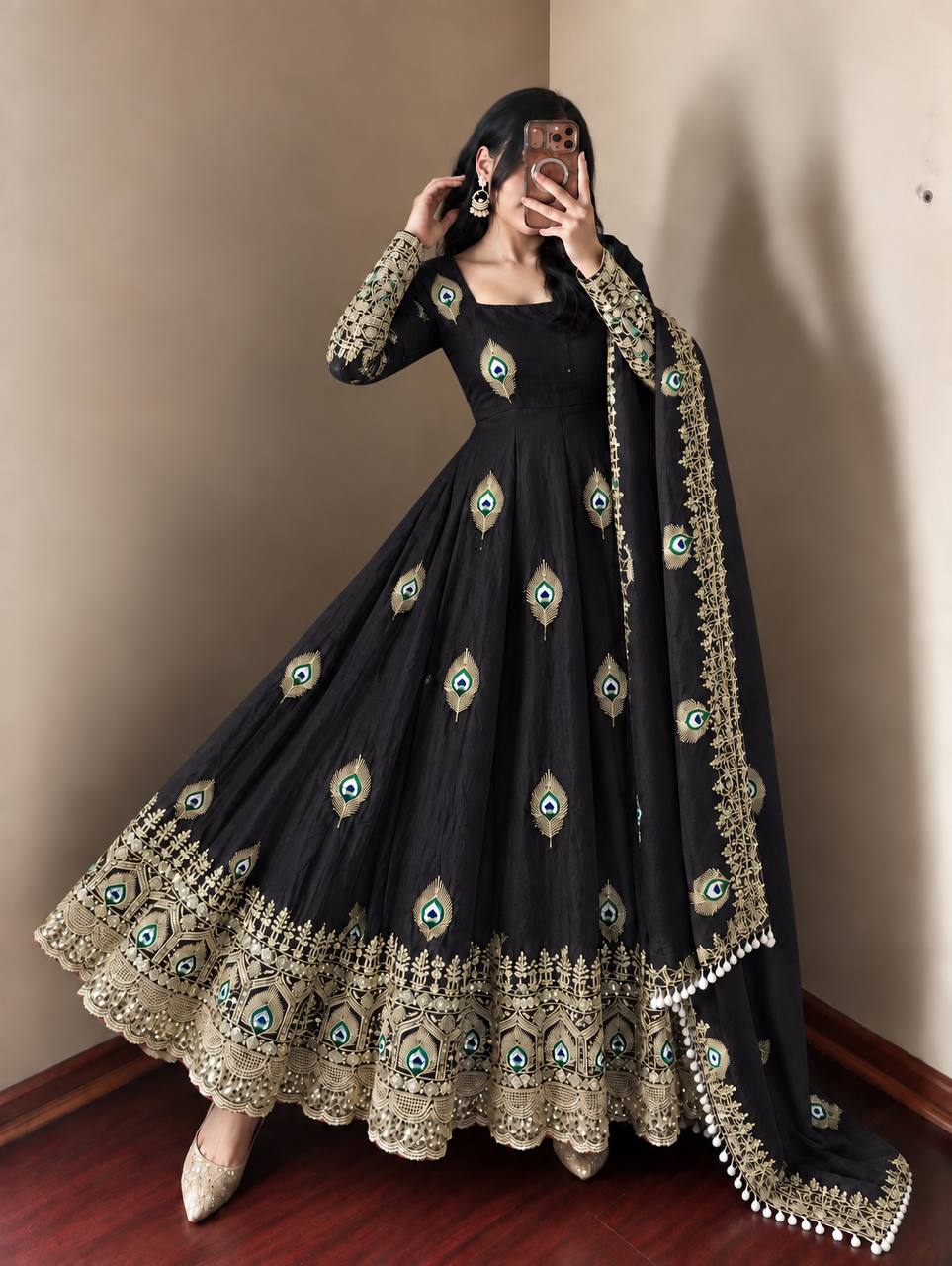 Black Fendy Silk  Embroidered Anarkali Gown With Dupatta