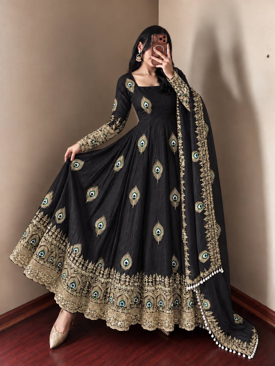 Black Fendy Silk  Embroidered Anarkali Gown With Dupatta
