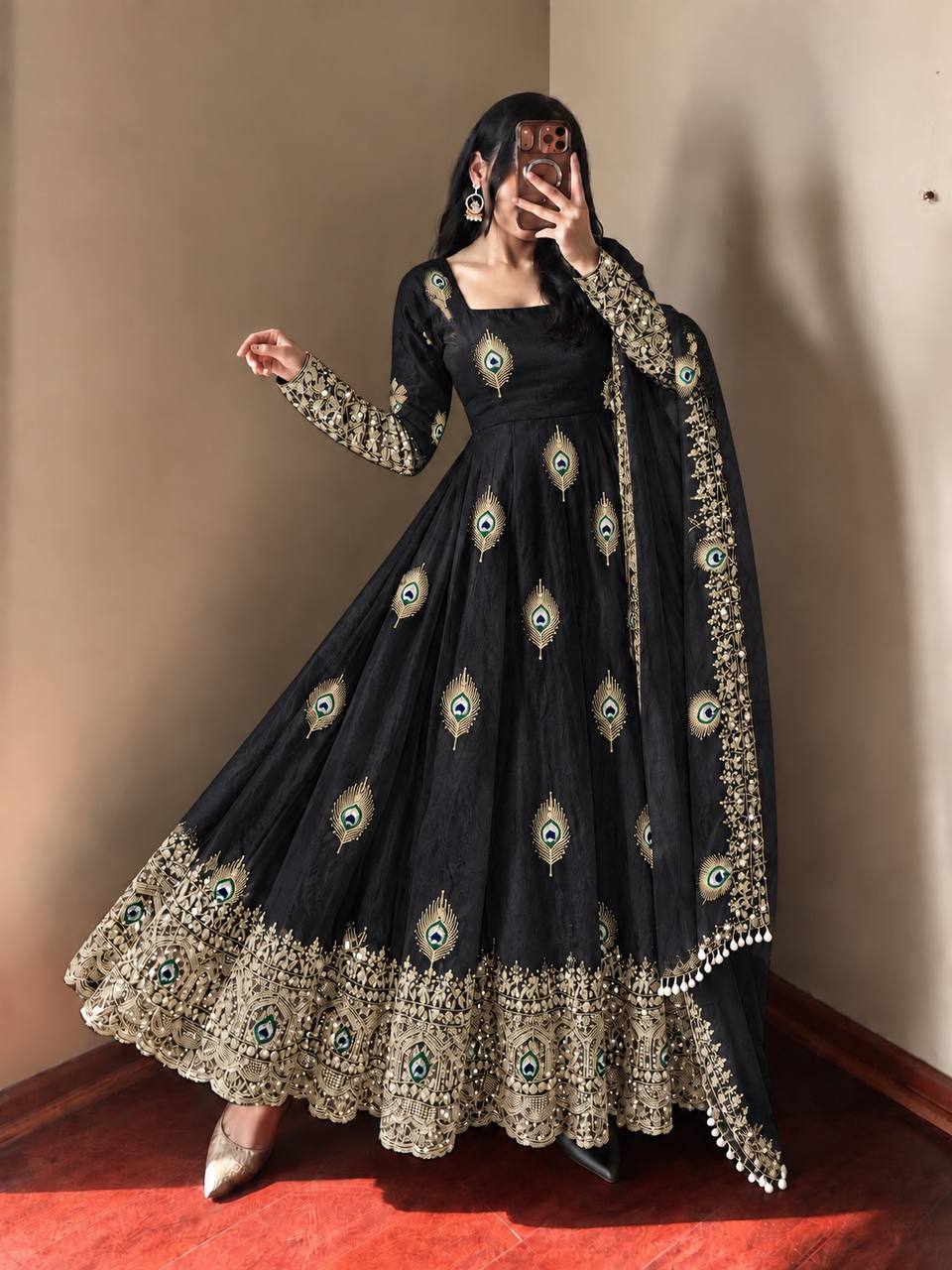Black Fendy Silk  Embroidered Anarkali Gown With Dupatta