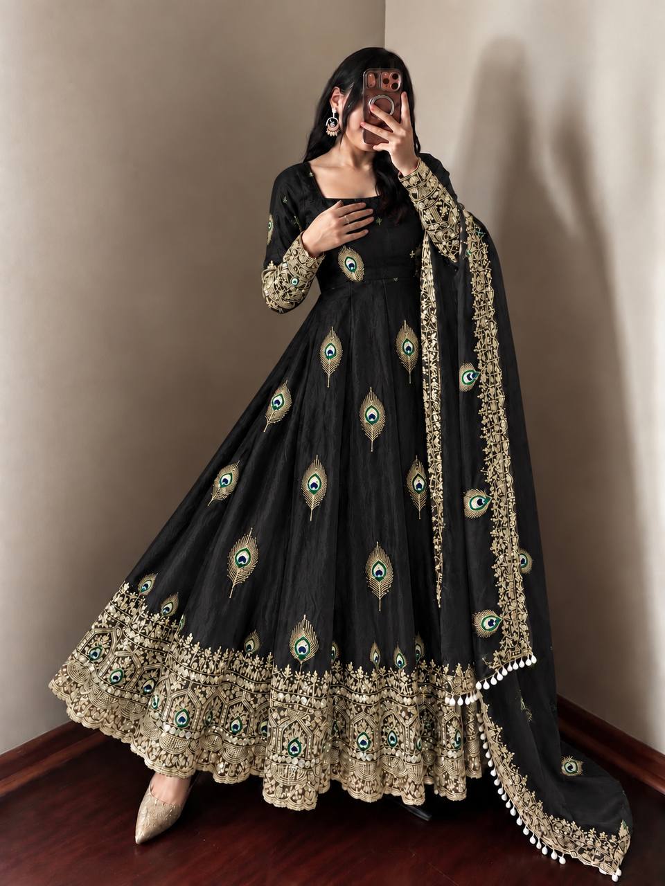 Black Fendy Silk  Embroidered Anarkali Gown With Dupatta