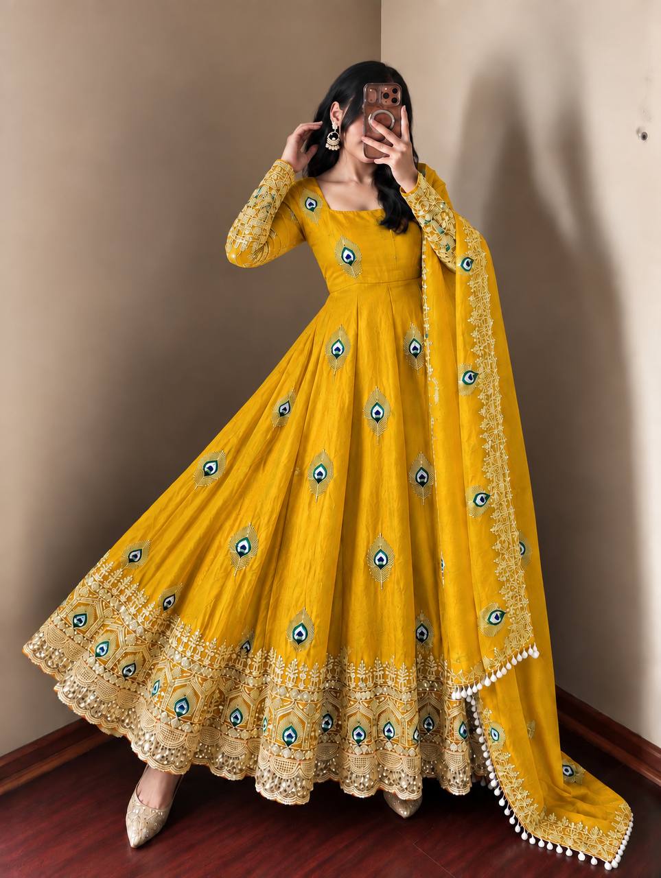 Yellow Fendy Silk  Embroidered Anarkali Gown With Dupatta