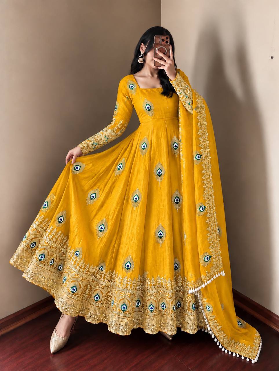 Yellow Fendy Silk  Embroidered Anarkali Gown With Dupatta