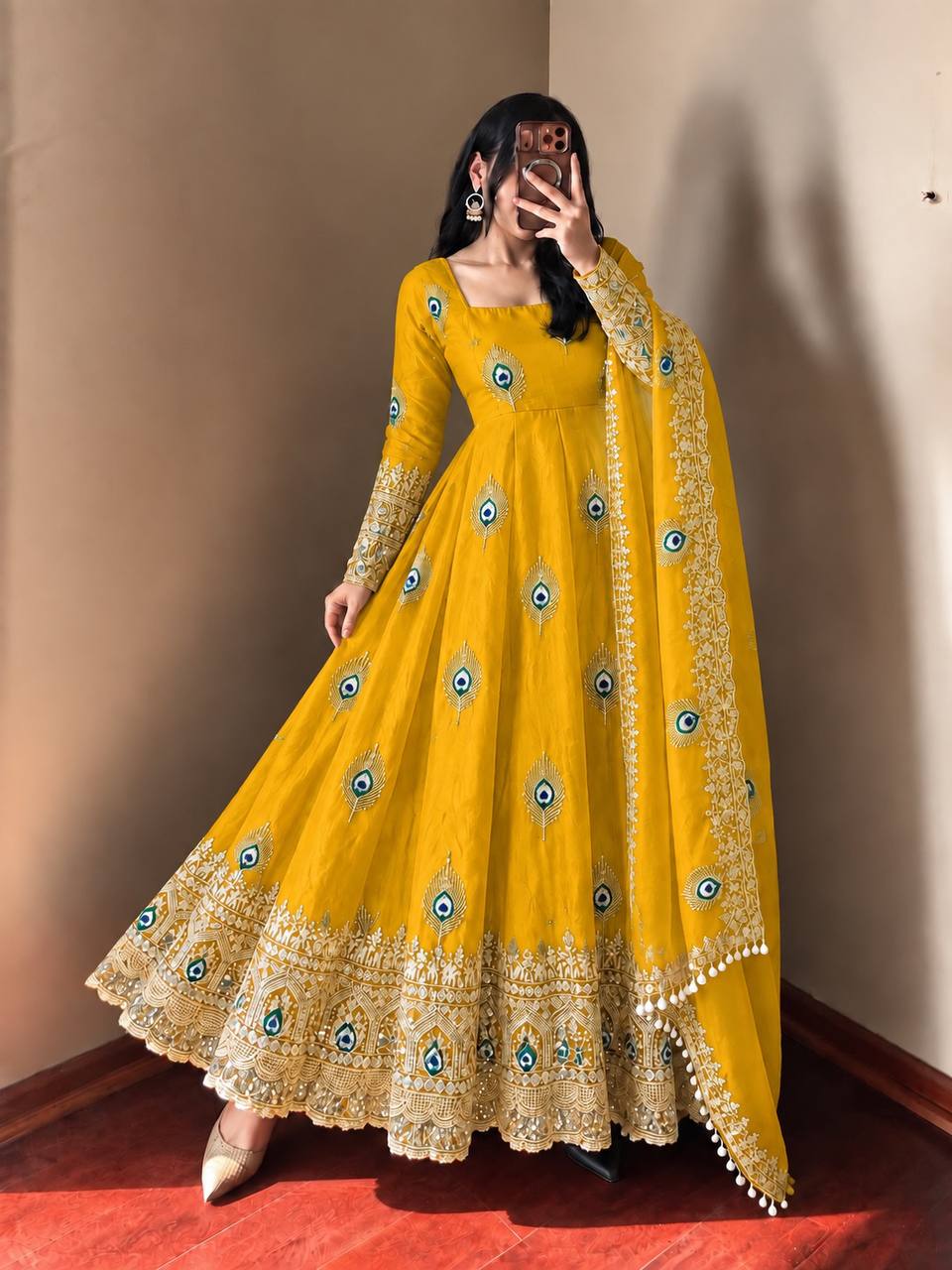 Yellow Fendy Silk  Embroidered Anarkali Gown With Dupatta