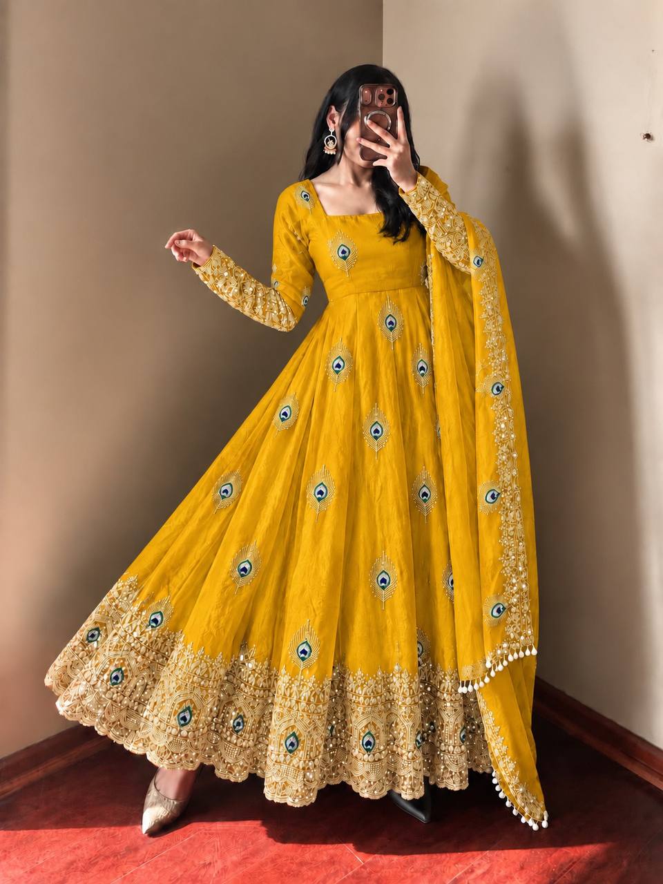 Yellow Fendy Silk  Embroidered Anarkali Gown With Dupatta