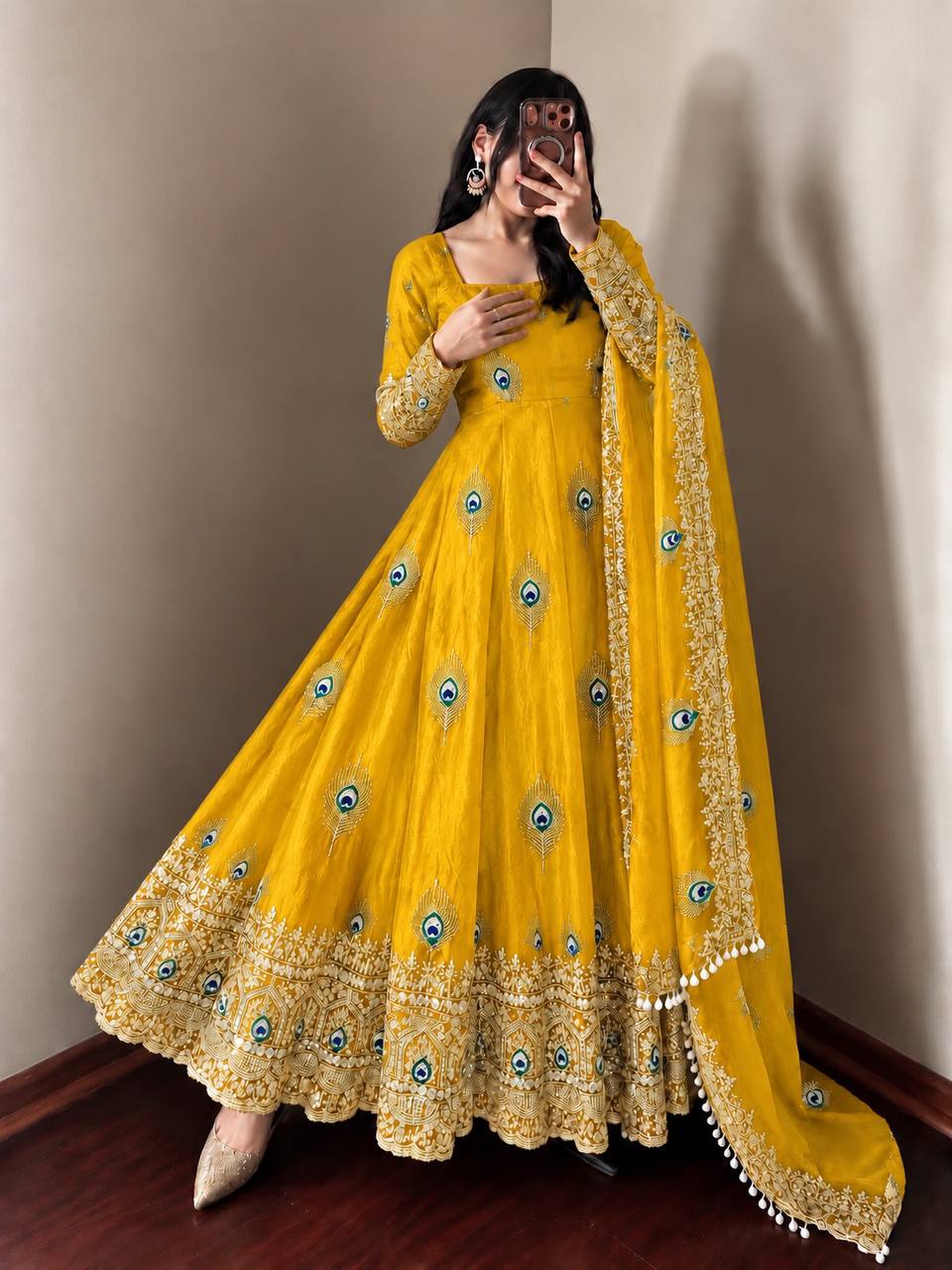Yellow Fendy Silk  Embroidered Anarkali Gown With Dupatta