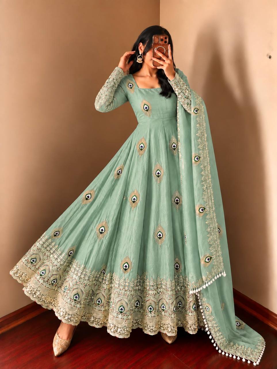 Mint Green Fendy Silk  Embroidered Anarkali Gown With Dupatta