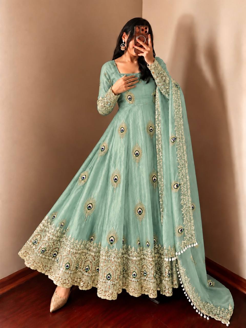 Mint Green Fendy Silk  Embroidered Anarkali Gown With Dupatta