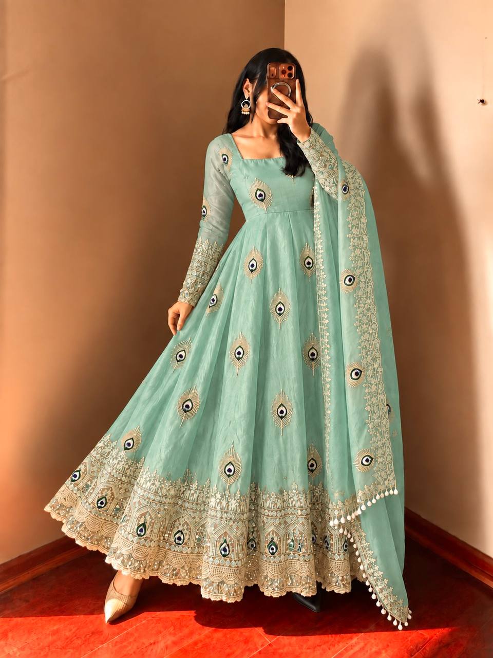 Mint Green Fendy Silk  Embroidered Anarkali Gown With Dupatta