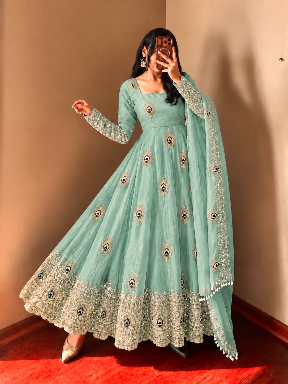 Mint Green Fendy Silk  Embroidered Anarkali Gown With Dupatta
