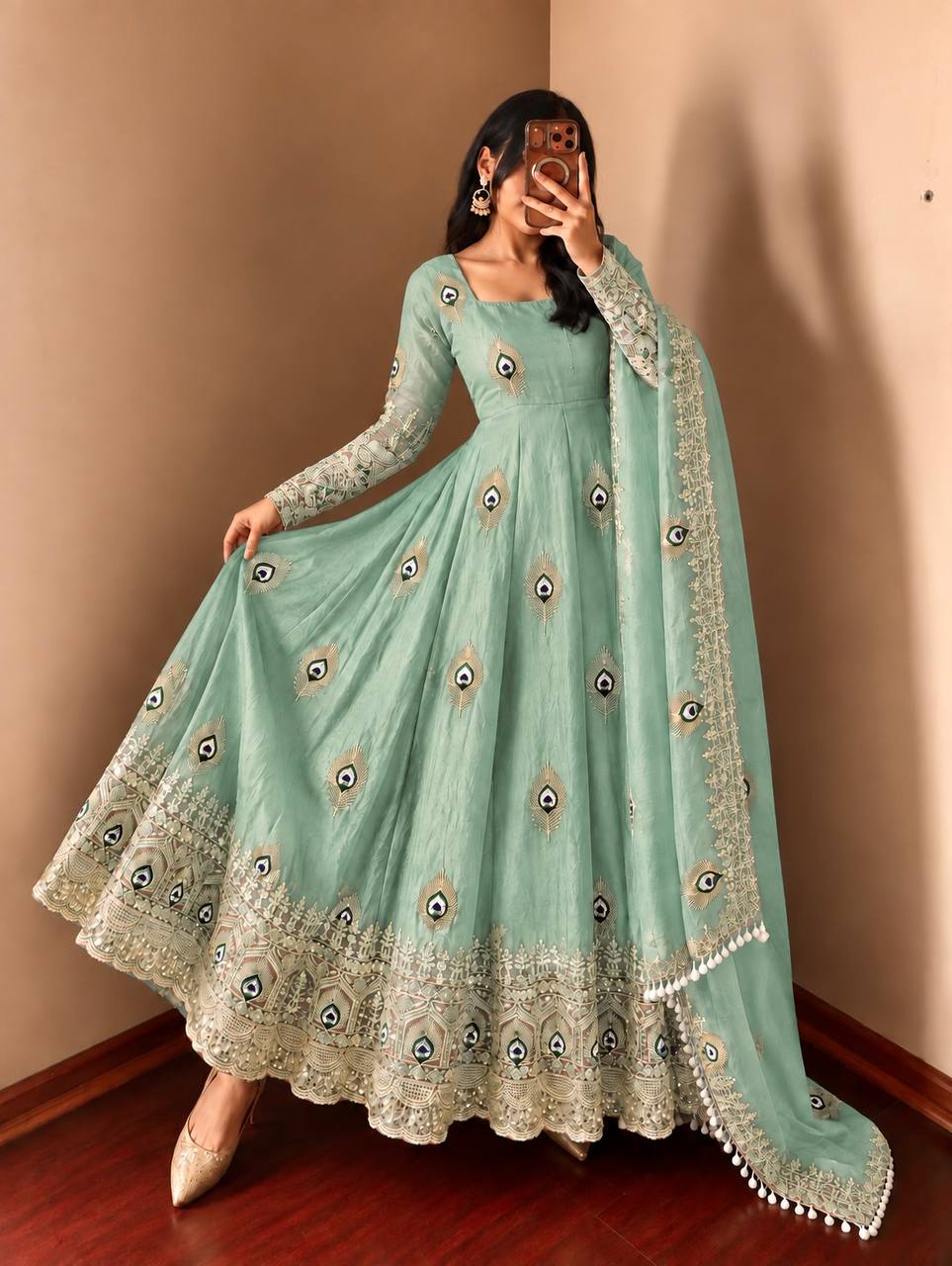 Mint Green Fendy Silk  Embroidered Anarkali Gown With Dupatta