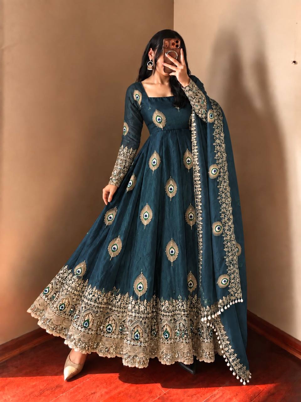 Teal Blue Fendy Silk  Embroidered Anarkali Gown With Dupatta