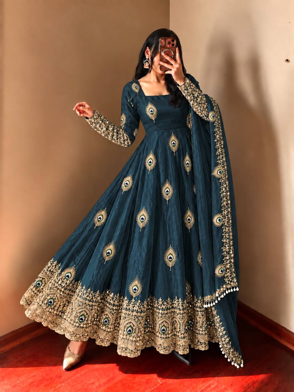 Teal Blue Fendy Silk  Embroidered Anarkali Gown With Dupatta