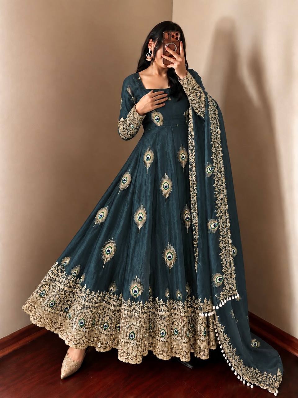 Teal Blue Fendy Silk  Embroidered Anarkali Gown With Dupatta