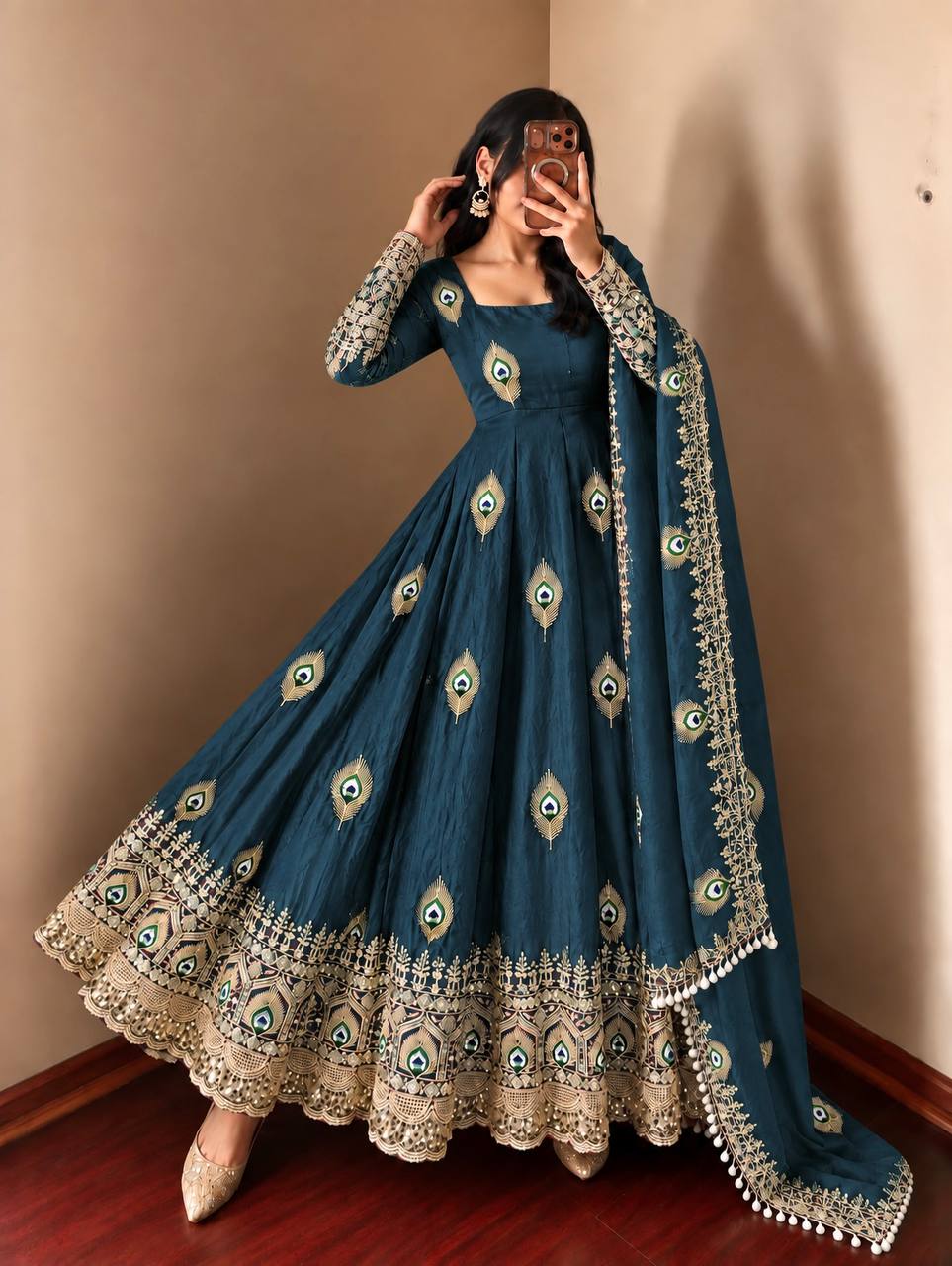 Teal Blue Fendy Silk  Embroidered Anarkali Gown With Dupatta