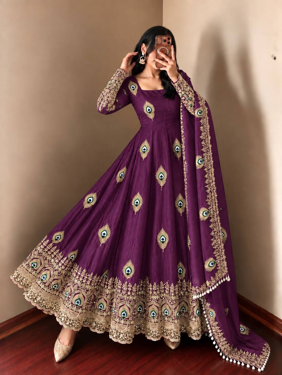 Wine Fendy Silk  Embroidered Anarkali Gown With Dupatta