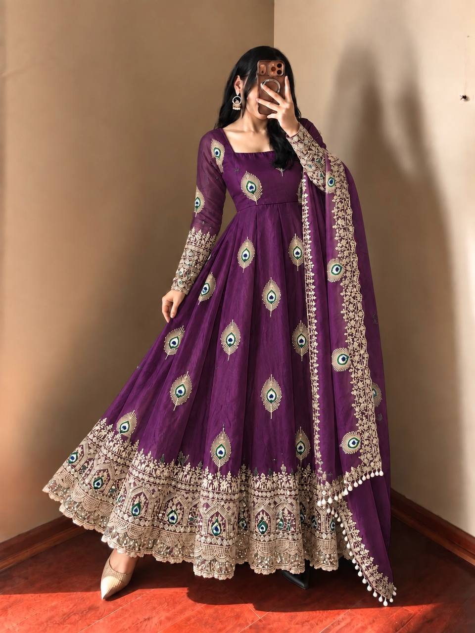 Wine Fendy Silk  Embroidered Anarkali Gown With Dupatta