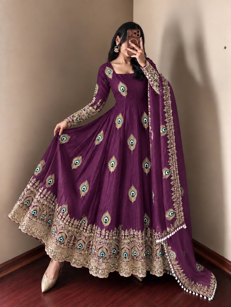Wine Fendy Silk  Embroidered Anarkali Gown With Dupatta