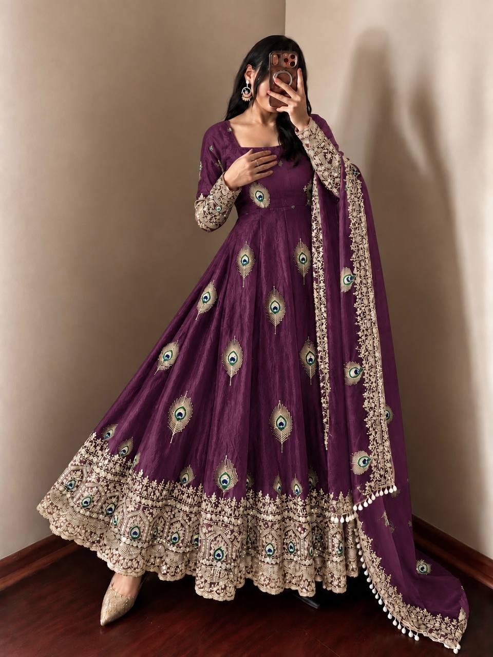 Wine Fendy Silk  Embroidered Anarkali Gown With Dupatta