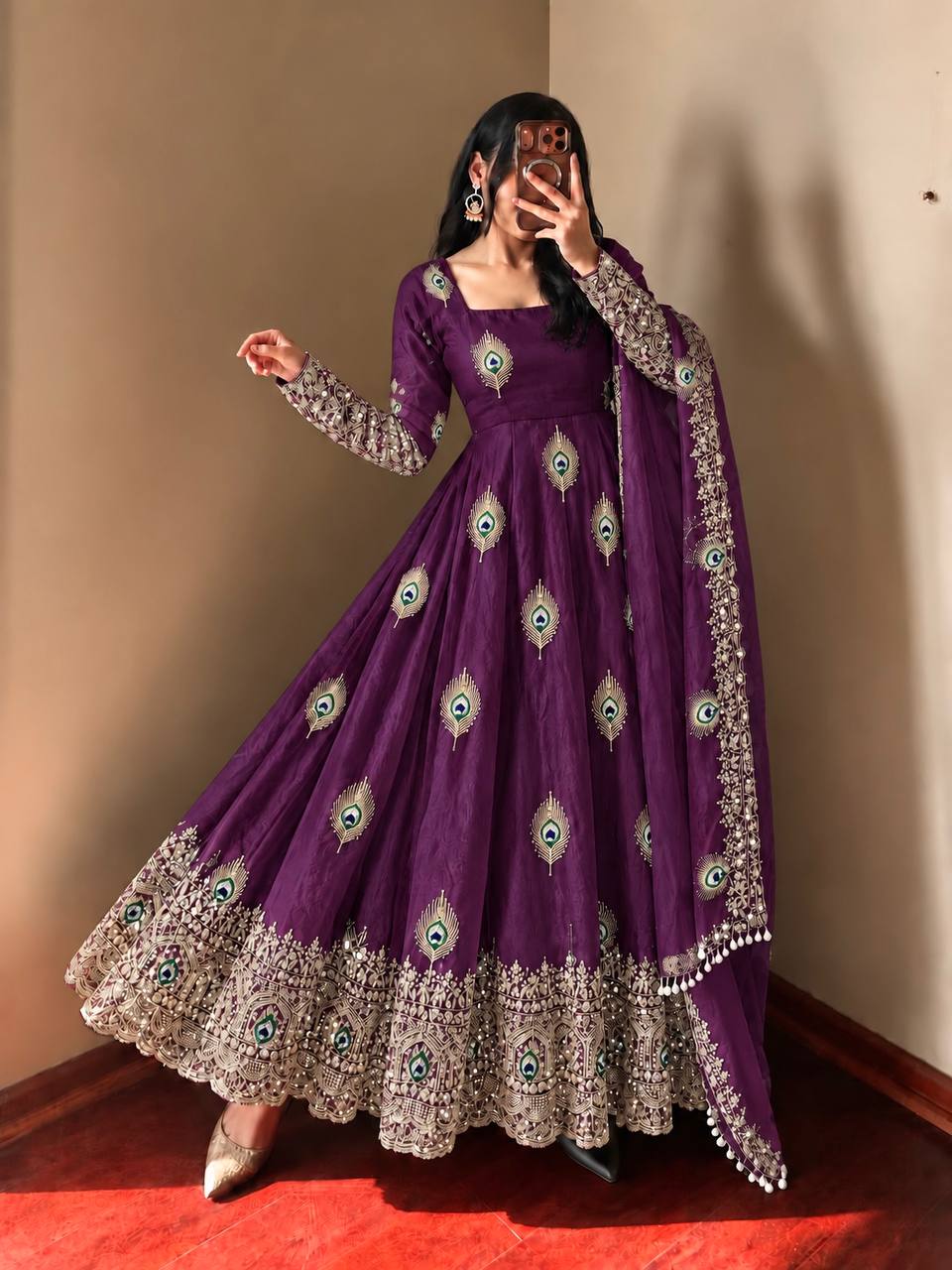 Wine Fendy Silk  Embroidered Anarkali Gown With Dupatta