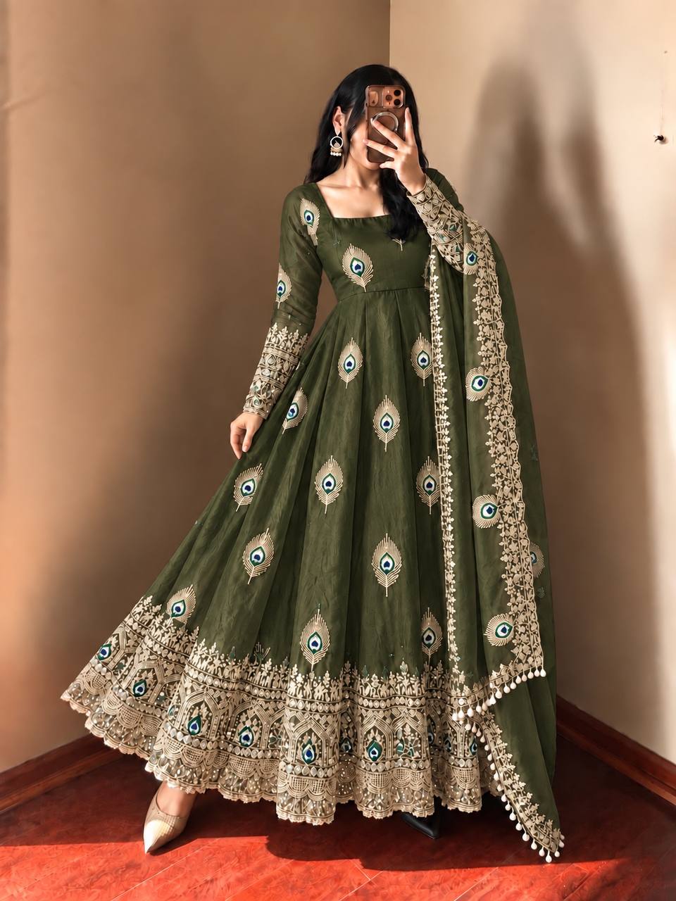 Mehndi Green Fendy Silk Peacock Motif Embroidered Anarkali Gown With Dupatta