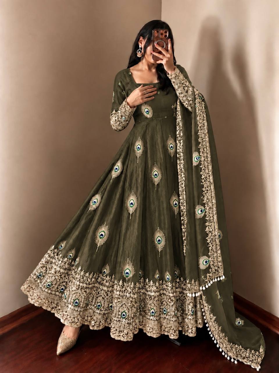 Mehndi Green Fendy Silk Peacock Motif Embroidered Anarkali Gown With Dupatta
