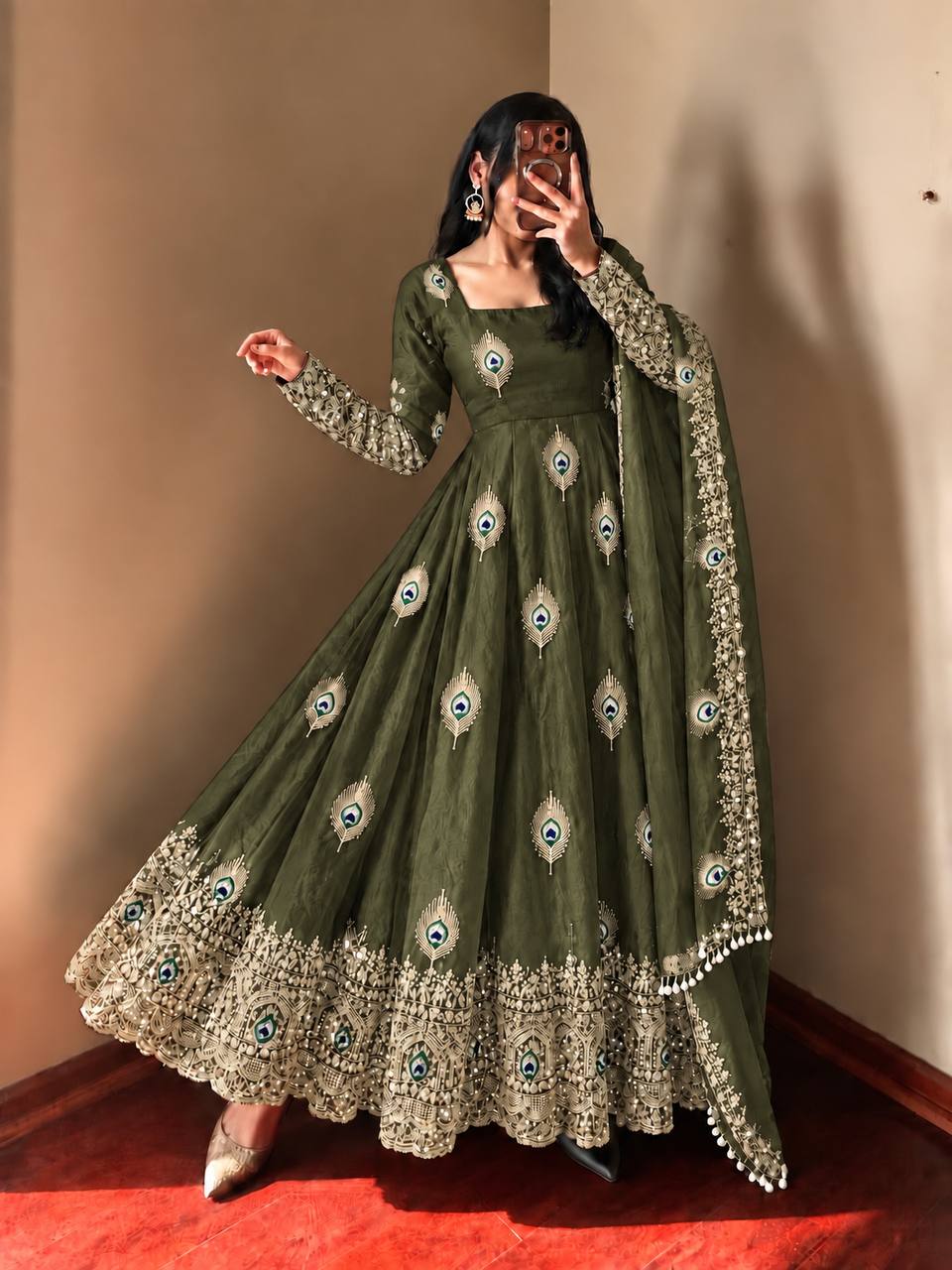 Mehndi Green Fendy Silk Peacock Motif Embroidered Anarkali Gown With Dupatta