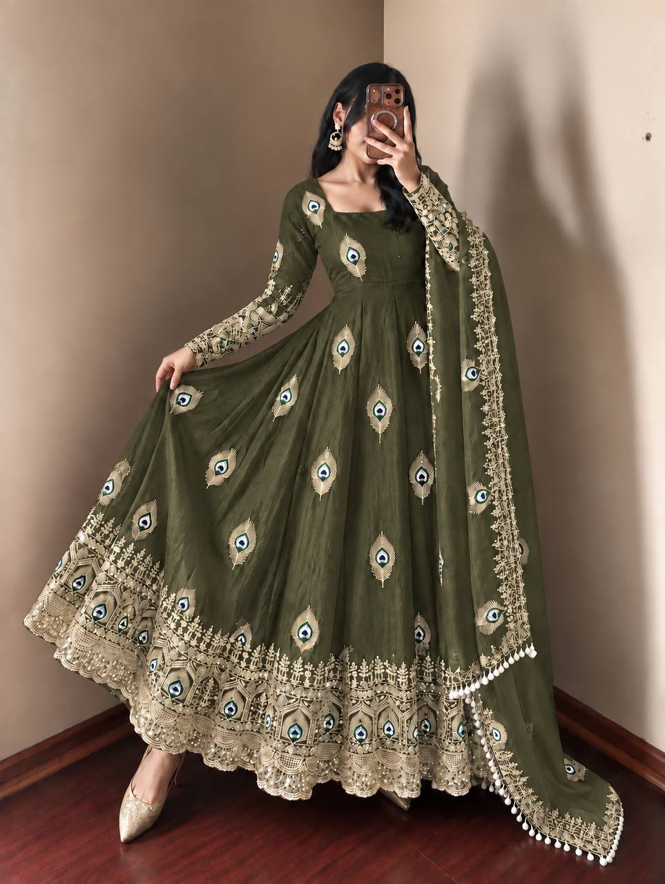 Mehndi Green Fendy Silk Peacock Motif Embroidered Anarkali Gown With Dupatta