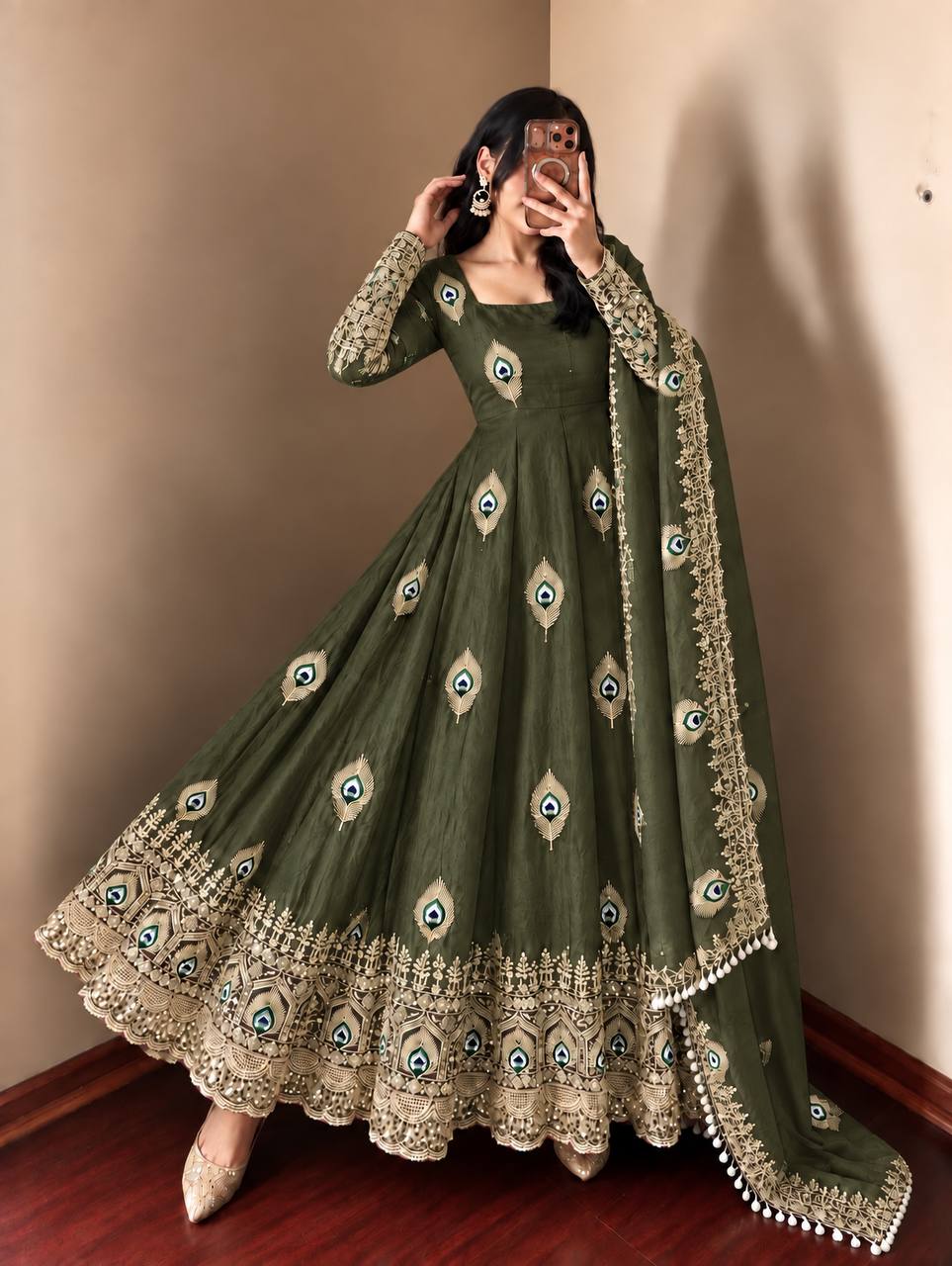 Mehndi Green Fendy Silk Peacock Motif Embroidered Anarkali Gown With Dupatta