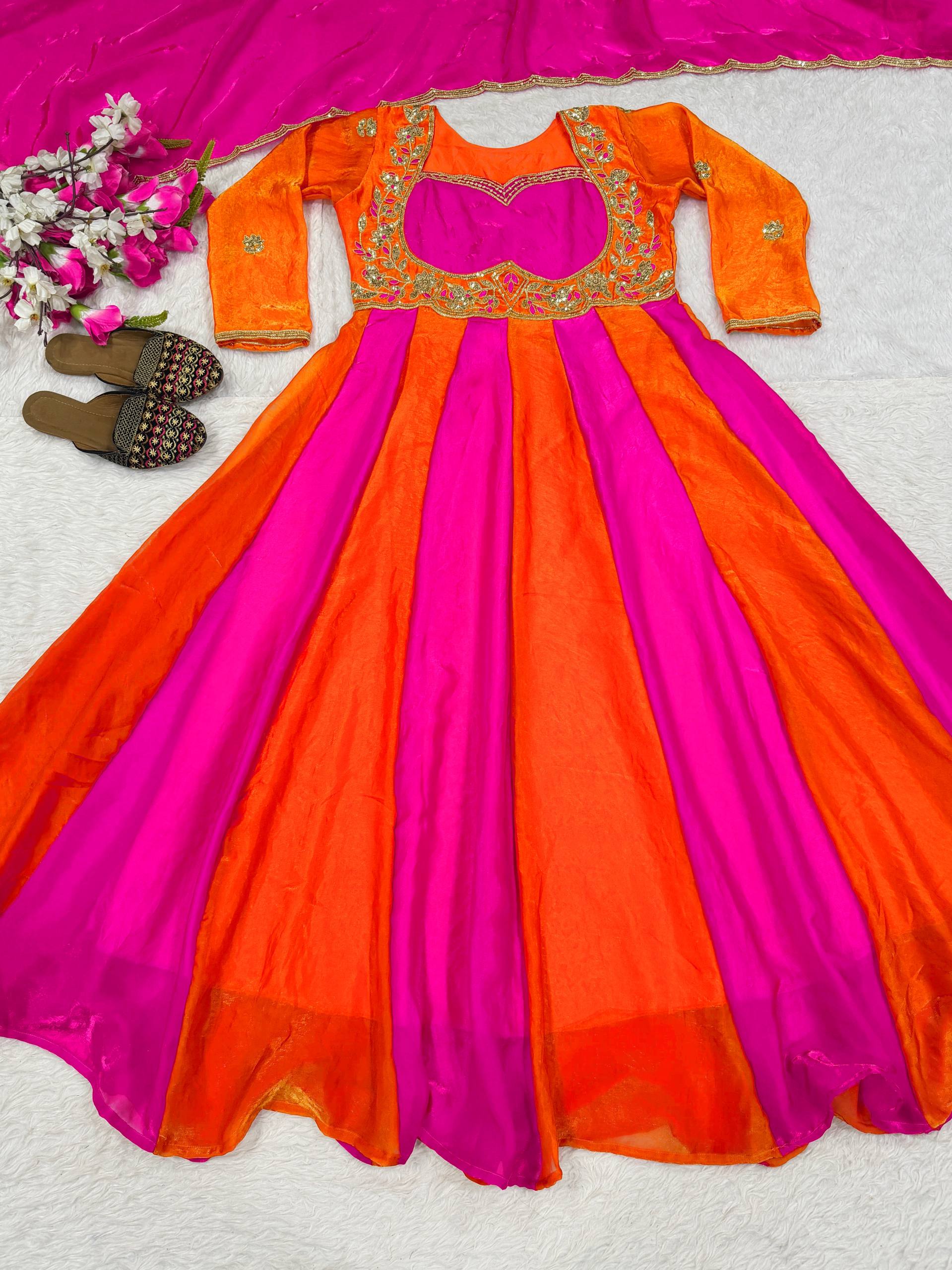 Orange Pink Colorblock Anarkali Gown