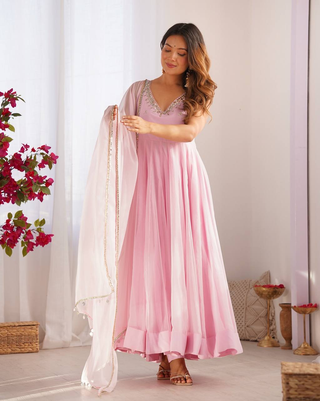 Baby Pink Color Georgette Three Piece Anarkali Suit