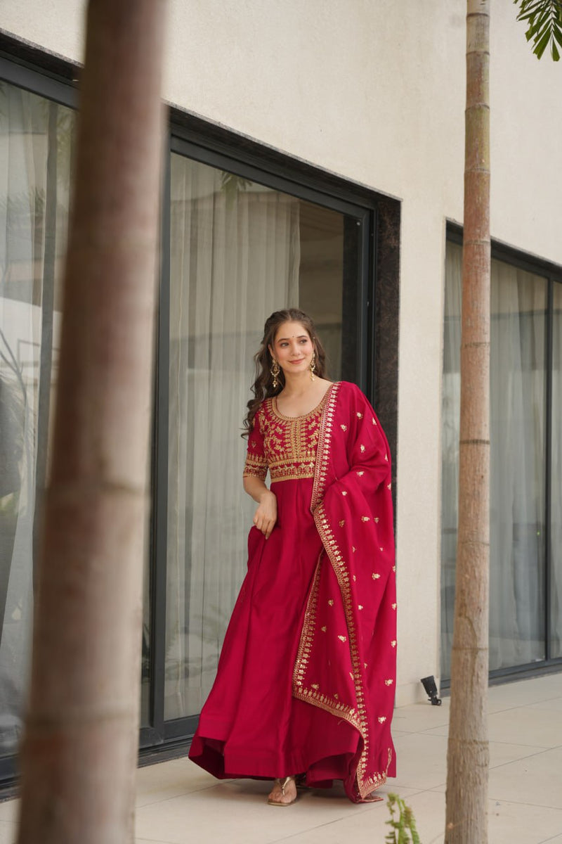 Rani Pink Color Vichitra Silk Embroidered Gown