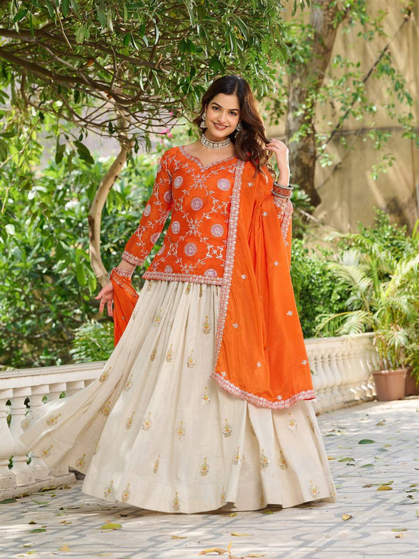 Orange Color Wedding Wear Zari Sequins Embroidery Work Lehenga Choli