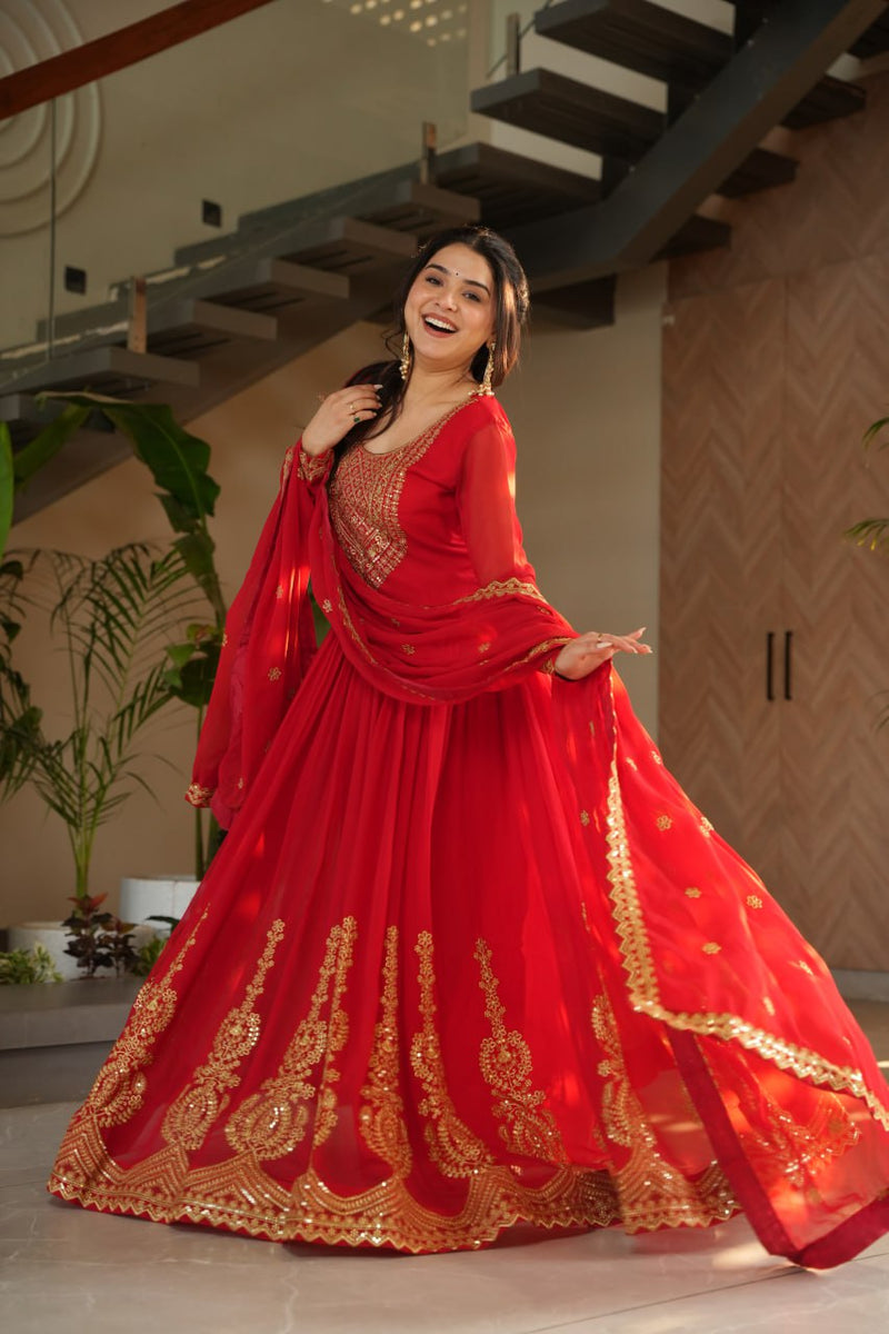 Red Color Faux Blooming Embroidered Gown