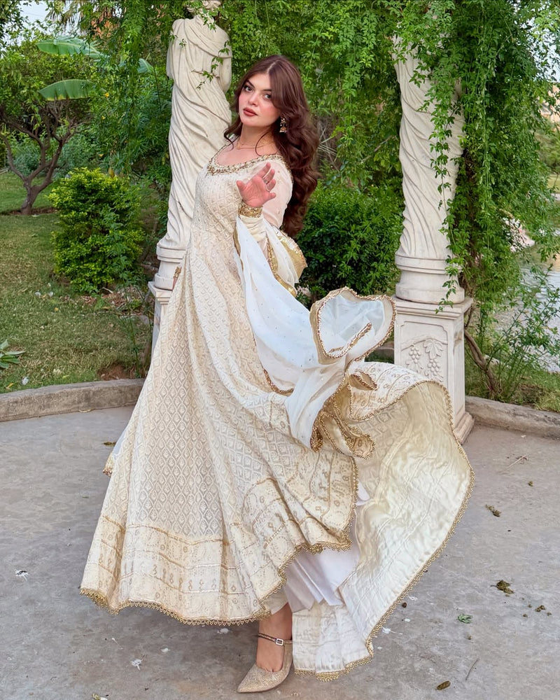 Pretty White Color Sequence Work Anarkali Gown