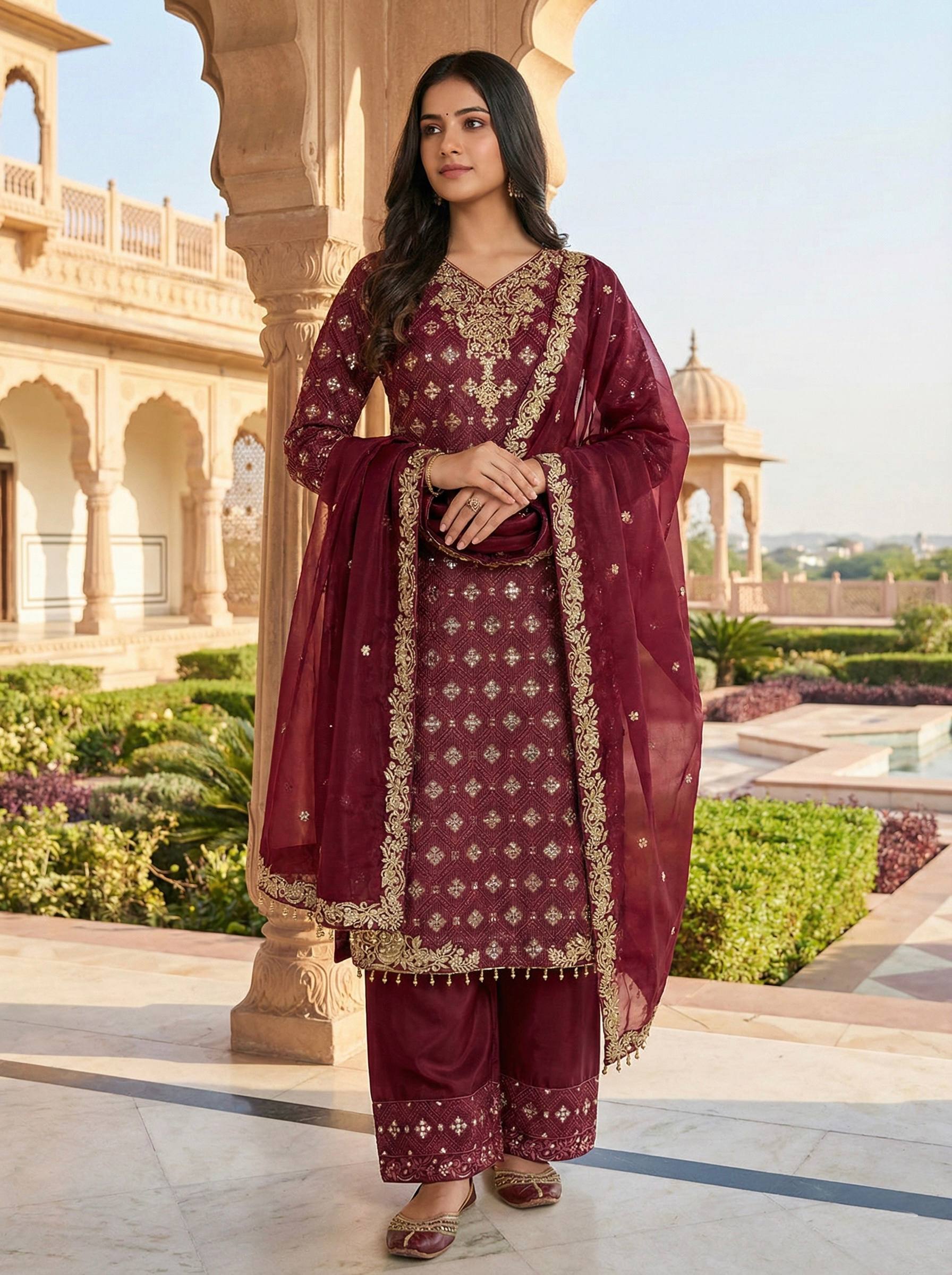 Ramzan Eid Collection Maroon Embroidered Salwar Suit With Dupatta