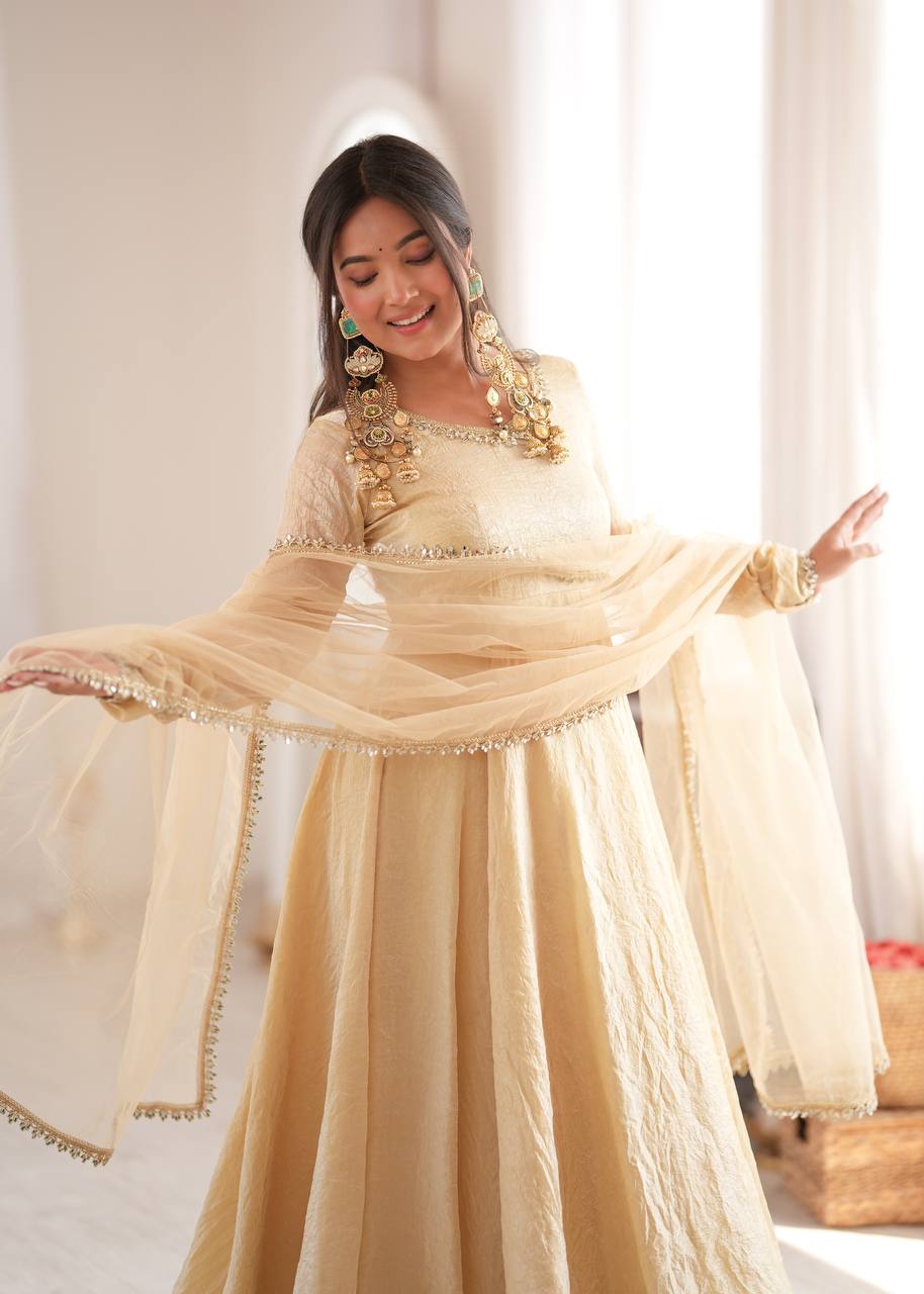 Golden Beige Crush Anarkali Gown with Mirror Work Dupatta